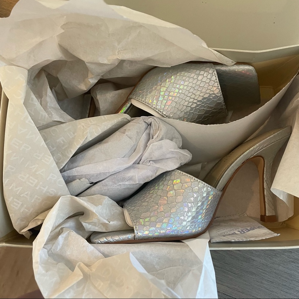 NWT Marc Fisher Danria Slip On Square Toe Silver Metallic Heels, Size 6 - Picture 9 of 10